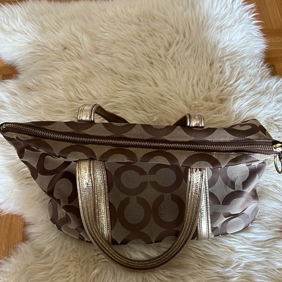 Coach Poppy Op Art Glam Tote Bag Shoulder Bag Tan Gold Beige - Picture 10 of 13